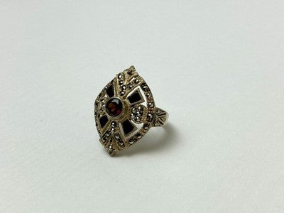 925 Sterling Silver Spessartine, Black Nephrite & Marcasites Ring Size 6.5