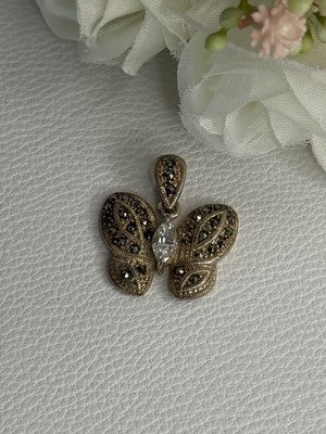 925 Sterling Silver Butterfly Beryl & Marcasite Pendant Length 0.90 Inch