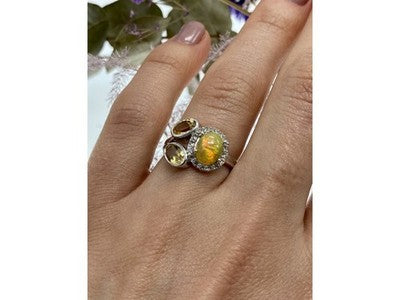 925 Sterling Silver Opal, Heliodor & CZ Ring Size 6