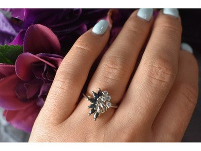 925 Sterling Silver Dark Blue Spinel & CZ Ring Size 6.5