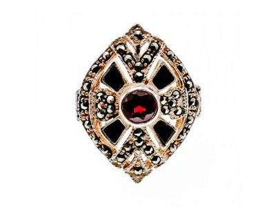 925 Sterling Silver Spessartine, Black Nephrite & Marcasites Ring Size 6.5