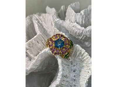 925 Sterling Silver Gold Plated Topaz, Peridot & Spinel "Flower" Ring Size 7.5