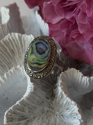 Vintage 925 Sterling Silver Abalone & Marcasite Ring Size 9