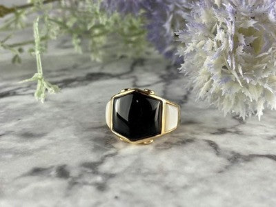 925 Sterling Silver Gold Plated Black Jade, Mother Of Pearl & CZ Ring Size 7