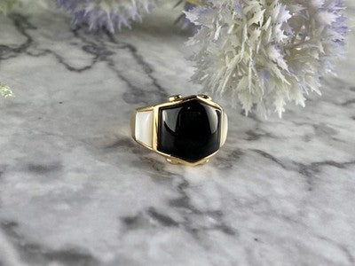 925 Sterling Silver Gold Plated Black Jade, Mother Of Pearl & CZ Ring Size 7