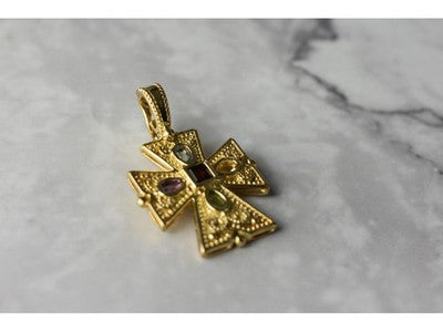 925 Sterling Silver Gold Plated Multi Gemstones Cross Pendant