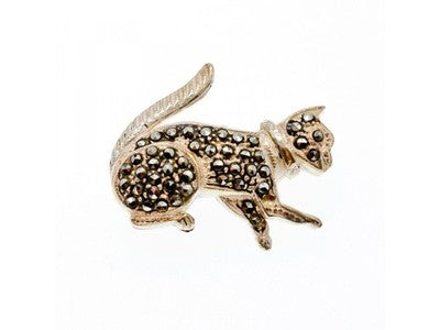 925 Sterling Silver Black Quartz (Morion) "Cat" Brooch
