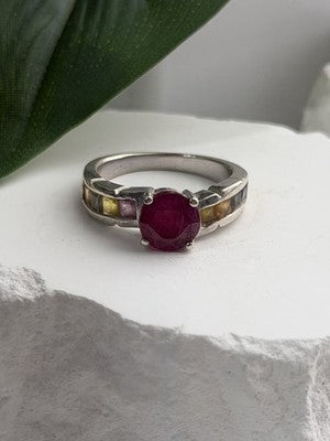 TGGC 925 Sterling Silver Ruby & Multi Color Spinel Stones Ring Size 8