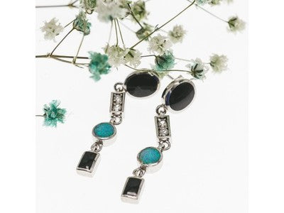 925 Sterling Silver Onyx, Opal & CZ Earrings
