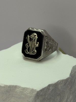10K WHITE GOLD VINTAGE ART DECO BLACK ONYX RING SIZE 8