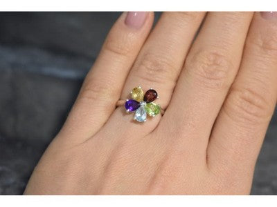 925 Sterling Silver Multi Gemstones "Flower" Ring Size 6.5