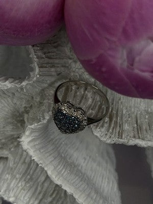 14K White Gold Heart Blue & White Diamonds Ring Size 6