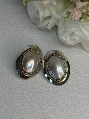 Vintage 925 Sterling Silver Mabe Pearl Earrings Length 1.15 Inch