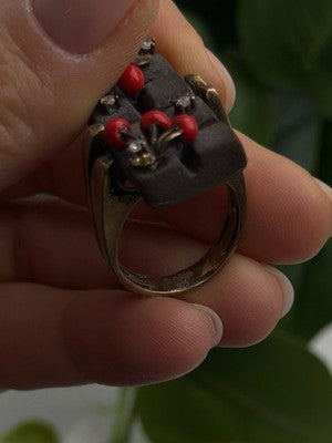 By Philippe Black Enamel & Red Bead Cherry 925 Sterling Silver Ring Size 8