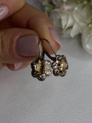 925 Sterling Silver Citrine Flower Earrings Length 1 Inch