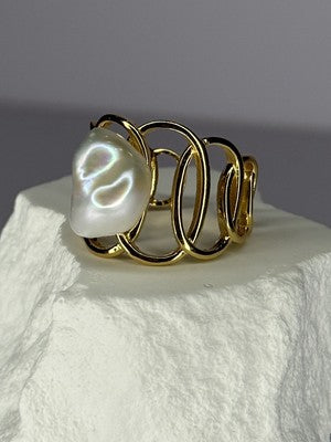 925 Sterling Silver Gold Plated Pearl  Ring Size Adjustable