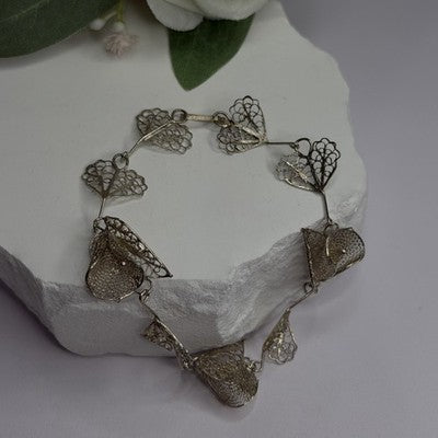 925 Sterling Silver Filigree Delicate Design Hearts & Lilies Bracelet 7