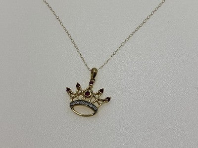 10K Yellow Gold Rubies & Diamonds Crown Chain With Pendant
