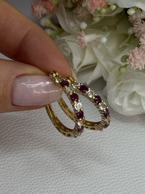 925 Sterling Silver Gold Plated Ruby & Beryl Earrings Length 1.10 Inch