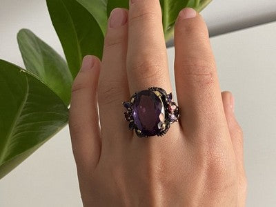 Blackened 925 Sterling Silver With Gilding Amethyst Ring Size 9