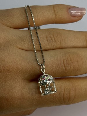 925 Sterling Silver Multi-Color CZ Merry-Go-Round Pendant Necklace Length 18/16