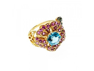 925 Sterling Silver Gold Plated Topaz, Peridot & Spinel "Flower" Ring Size 7.5