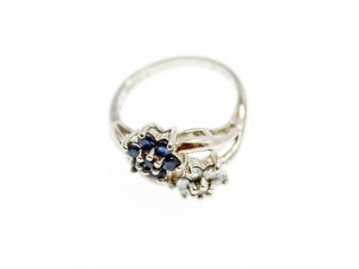 925 Sterling Silver Blue Sapphire & White Topaz "Flowers" Ring Size 7