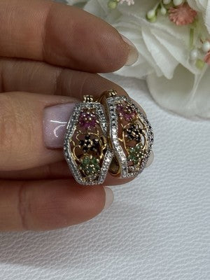 925 Sterling Silver Gold Plated Ruby Sapphire Emerald Earrings Length 0.95 Inch