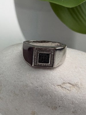 Men's 925 Sterling Silver White & Black Diamonds 0.17 ctw Ring Size 10