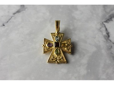 925 Sterling Silver Gold Plated Multi Gemstones Cross Pendant