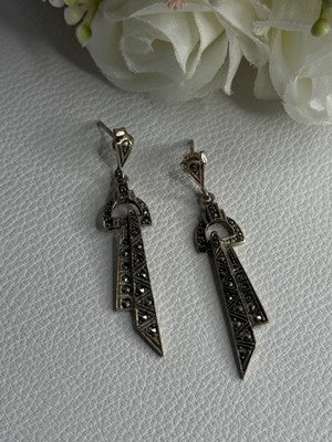 Elegant 925 Sterling Silver Marcasite Earrings Length 1.80 Inch
