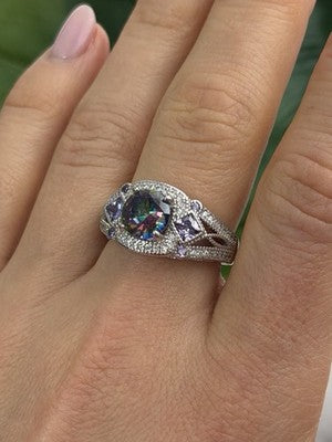925 Sterling Silver Mystic Topaz & Amethyst & Beryl Ring Size 8