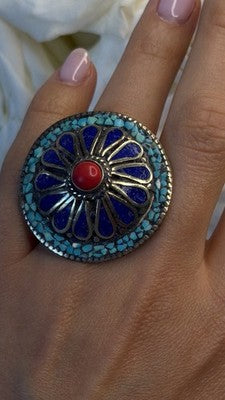 Large Southwestern 925 Sterling Silver Turquoise Coral Lapis Ring Size 7.5