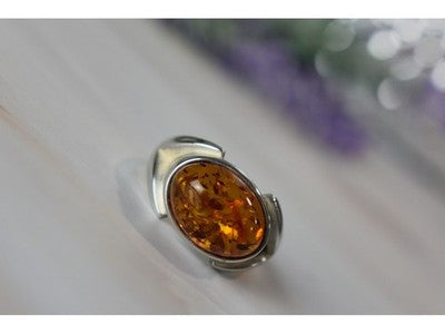 925 Sterling Silver Amber Ring Size 8.5