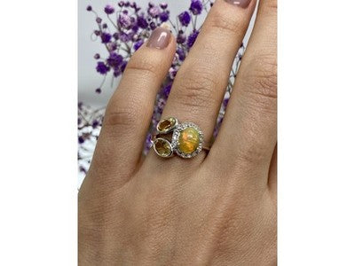 925 Sterling Silver Opal, Heliodor & CZ Ring Size 6