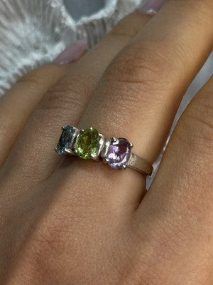 925 Sterling Silver Topaz Peridot Amethyst Ring Size 8.5