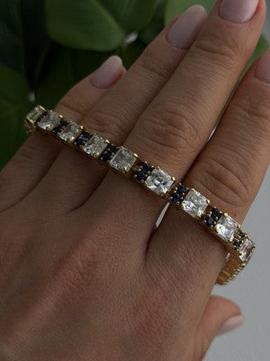 925 Sterling Silver Gold Plated White Colorless & Blue Cz Bracelet 7.5