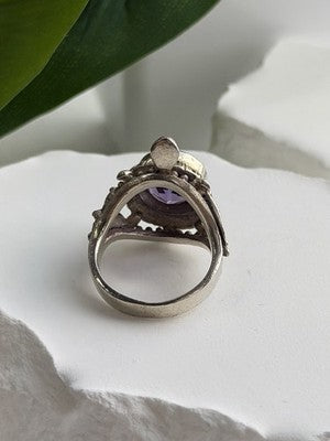 925 Sterling Silver Turtle Amethyst & Marcasite Ring Size 6