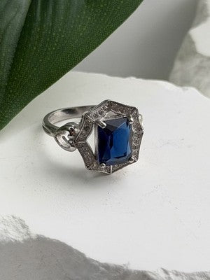 925 Sterling Silver Sapphire & Beryl Ring Size 5.5