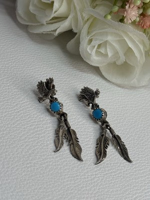 Navajo Flying Eagle 925 Sterling Silver Turquoise Earrings Length 1.60 Inch