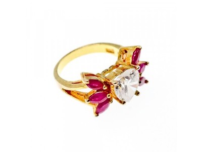 925 Sterling Silver Gold Plated Spinel & CZ "Heart" Ring Size 5.5