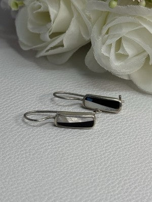 925 Sterling Silver Black Onyx & Mother OF Pearl Earrings Length 1 Inch