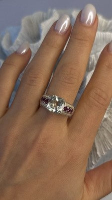 925 Sterling Silver Cushion-Cut Aquamarine & Pink Tourmaline Ring Size 9