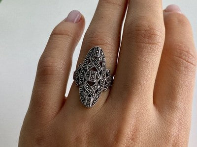 925 Sterling Silver Marcasites Ring Size 6.5