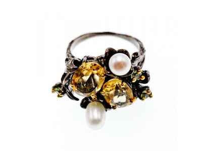 925 Sterling Blackened Silver Citrine, Peridot and Pearls Ring Size 7