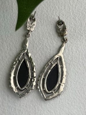 Elegant Vintage 925 Sterling Silver Onyx & Marcasite Earrings