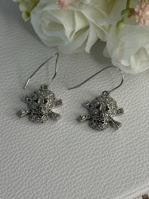 925 Sterling Silver Skull CZ Earrings Length 1.10 Inch