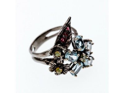 925 Blackened Silver Topaz, Garnet, Peridot & Opal Ring Size 8