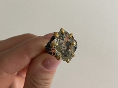 925 Blackened Silver With Gilding Green Amethyst & Heliodor Ring Size 9.75