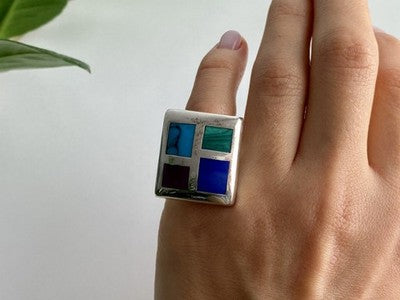 925 Sterling Silver Multicolor Agate Ring Size 5.5